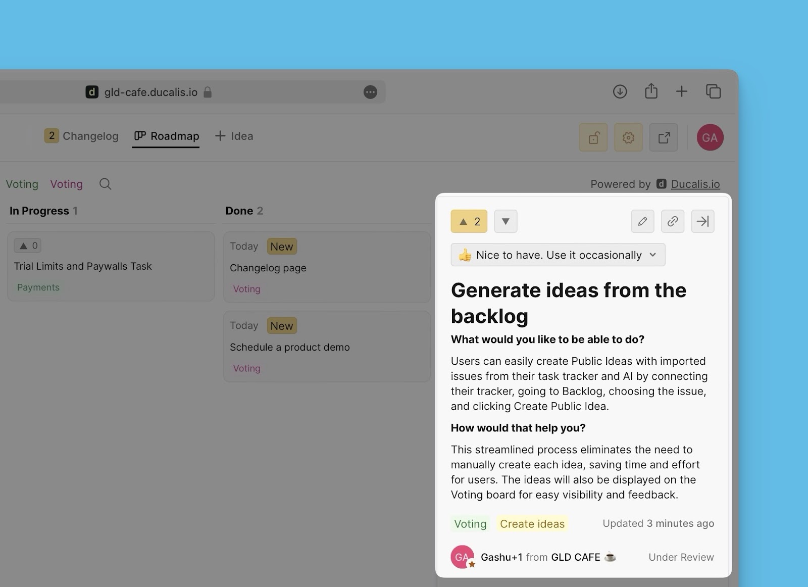 Veröffentlichte Idee auf dem Voting Board