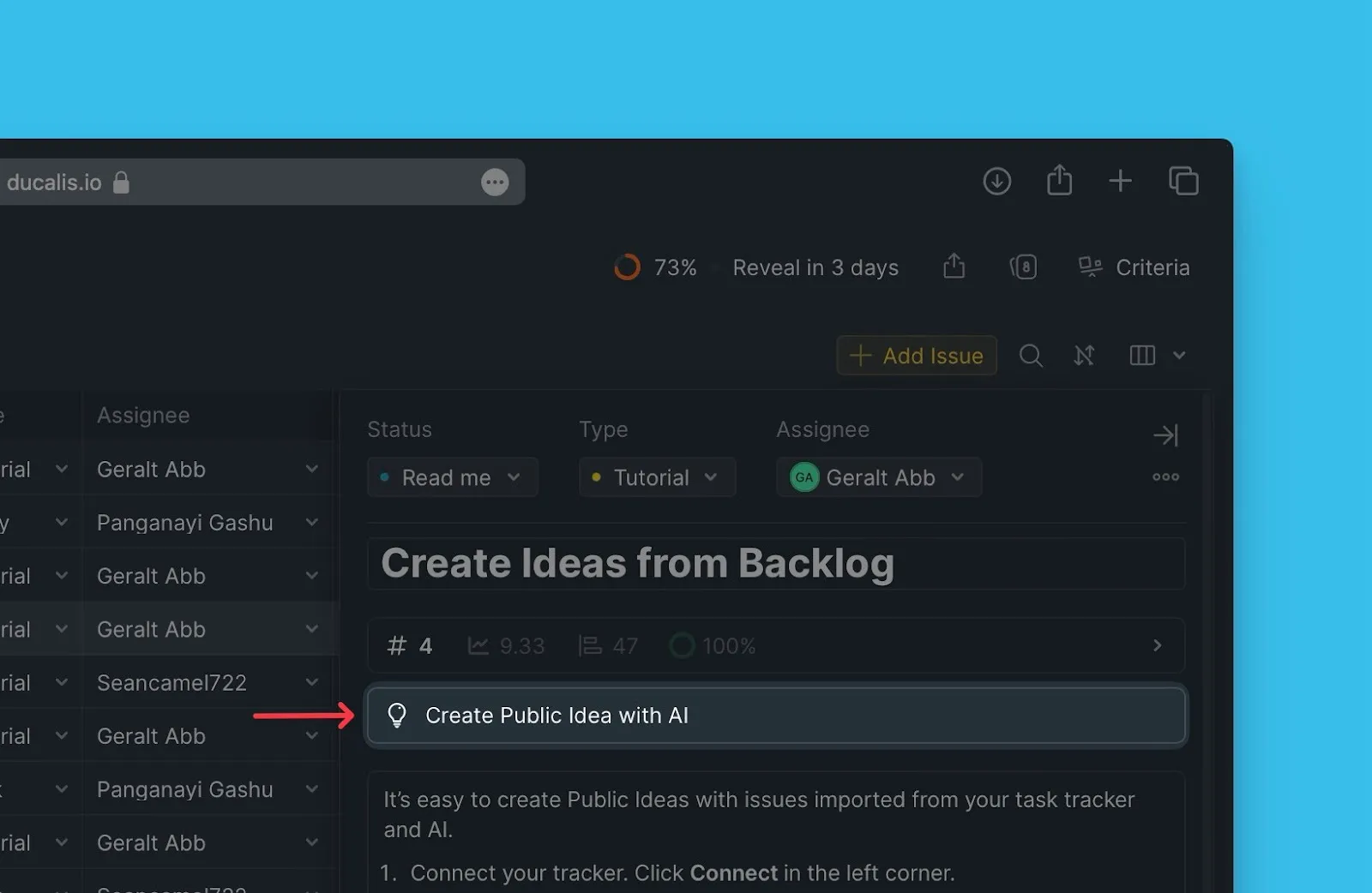 課題カードの AI でパブリックアイデアを作成ボタン