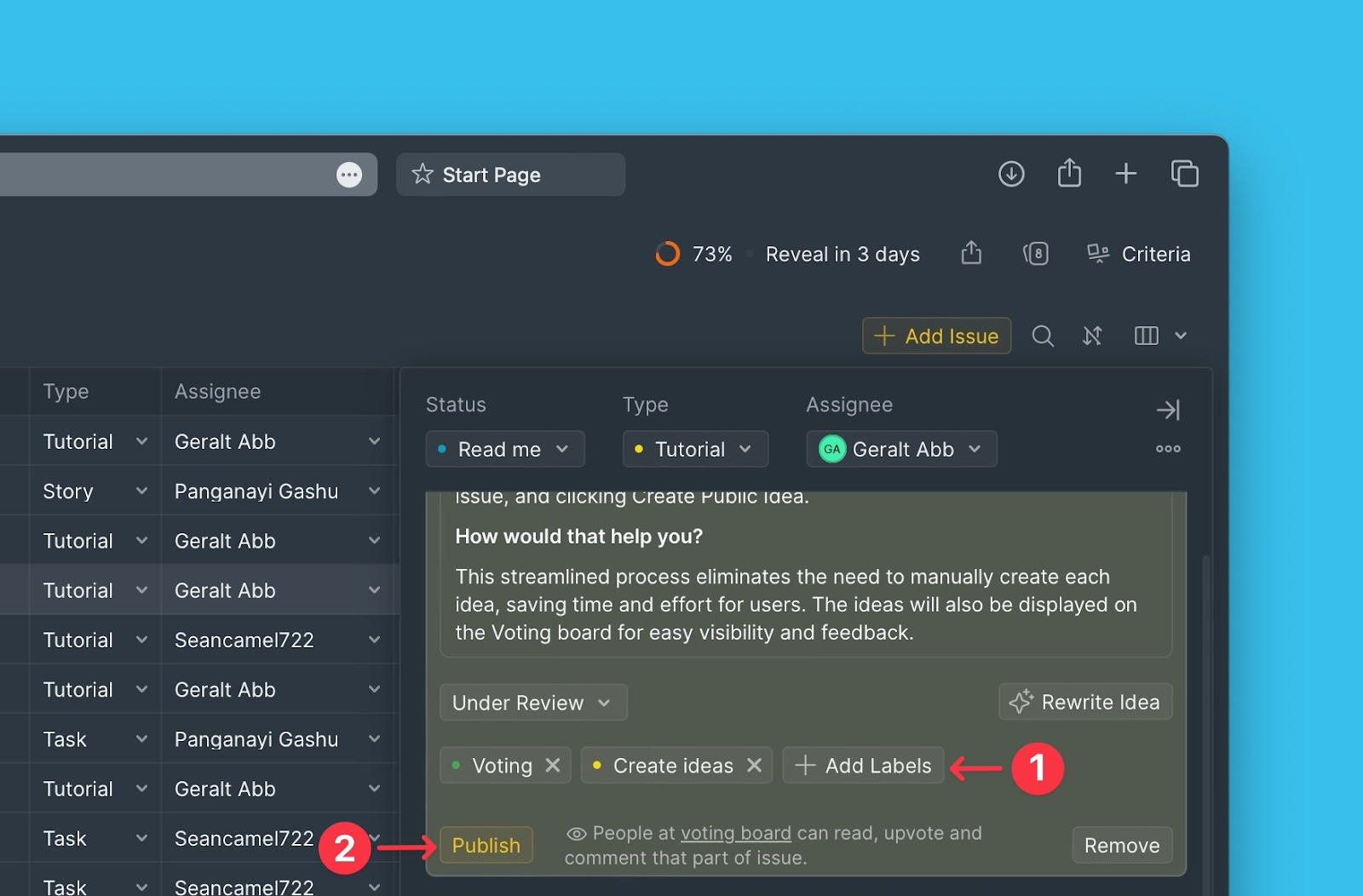 Labels hinzufügen und Idee veröffentlichen