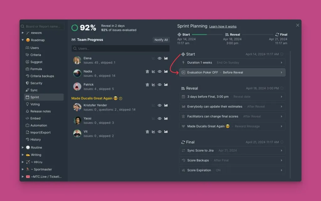 評価ポーカーオプションのある開始セクション