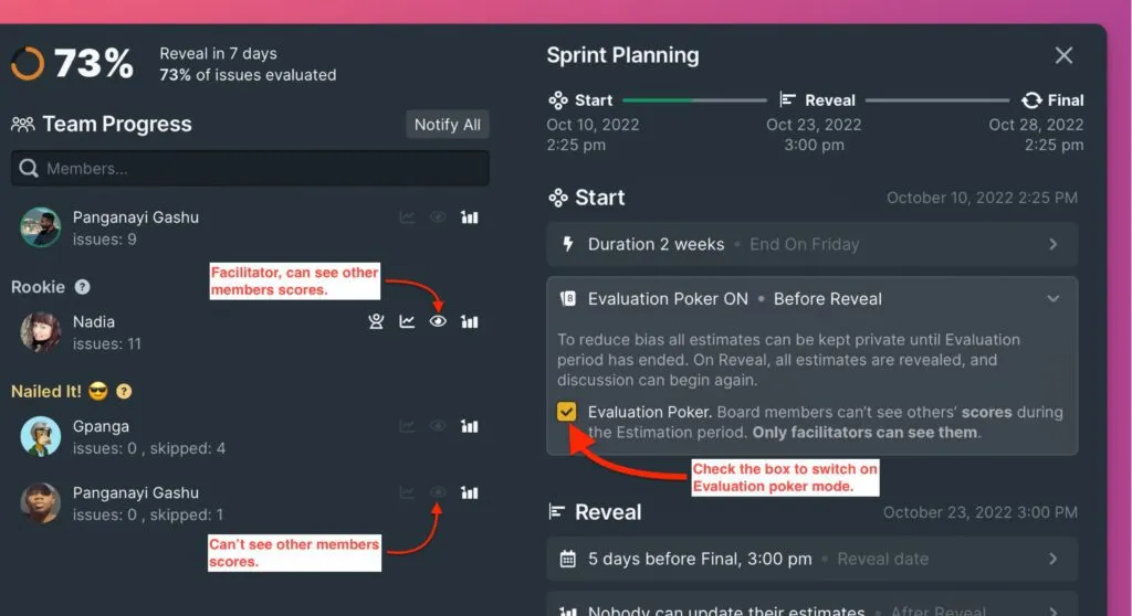 評価ポーカーを有効にするチェックボックス