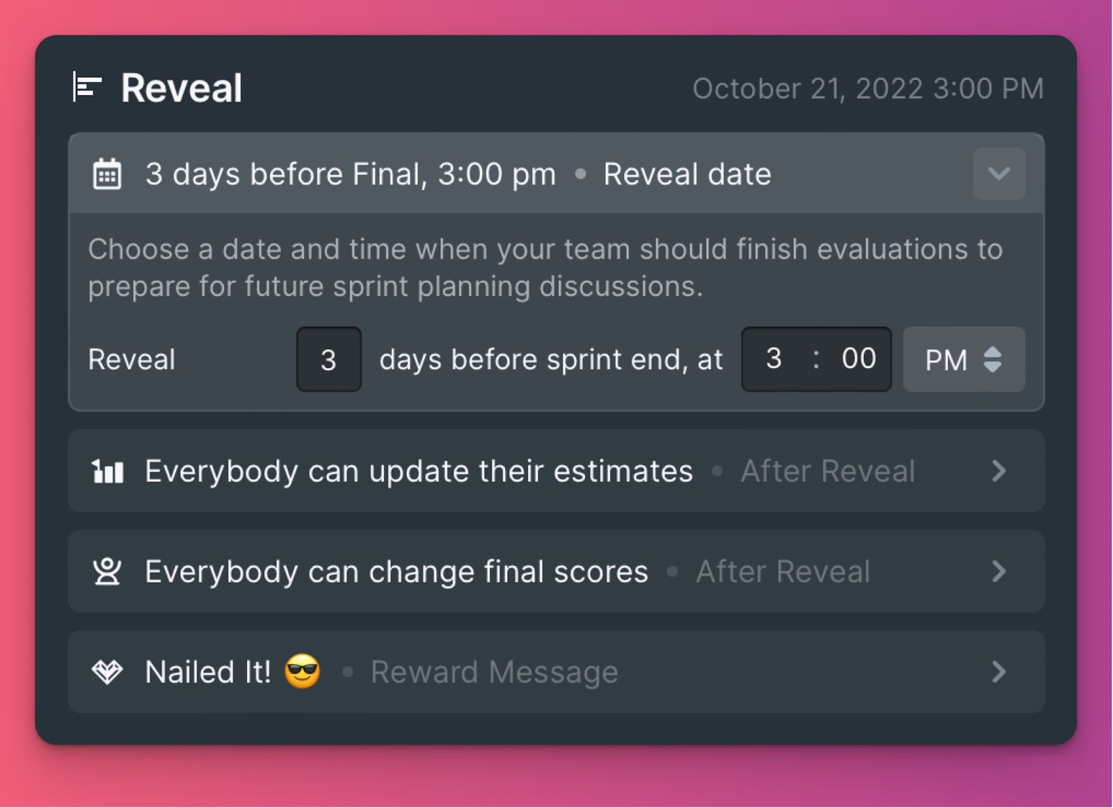 Einstellungen des Reveal-Meilensteins