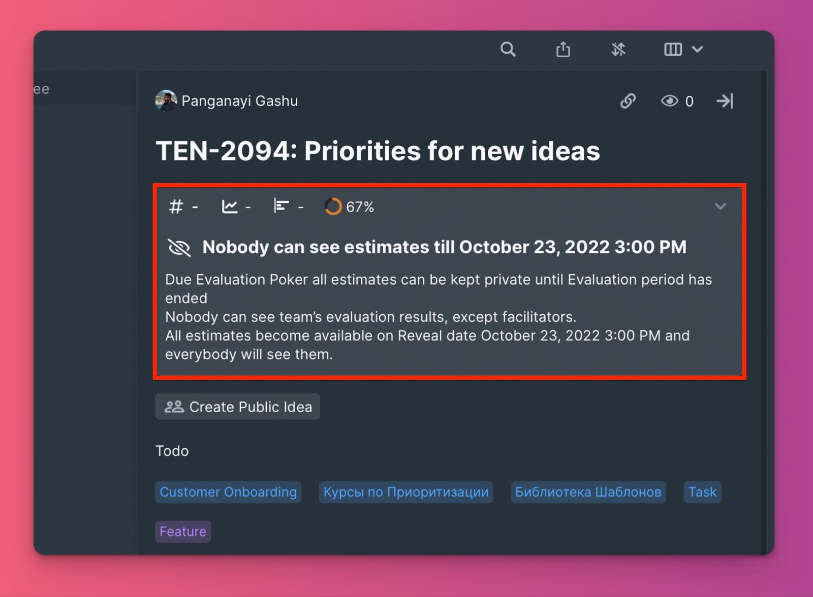 Neubewertungsblock in Vorgangskarte mit verborgenen Bewertungen