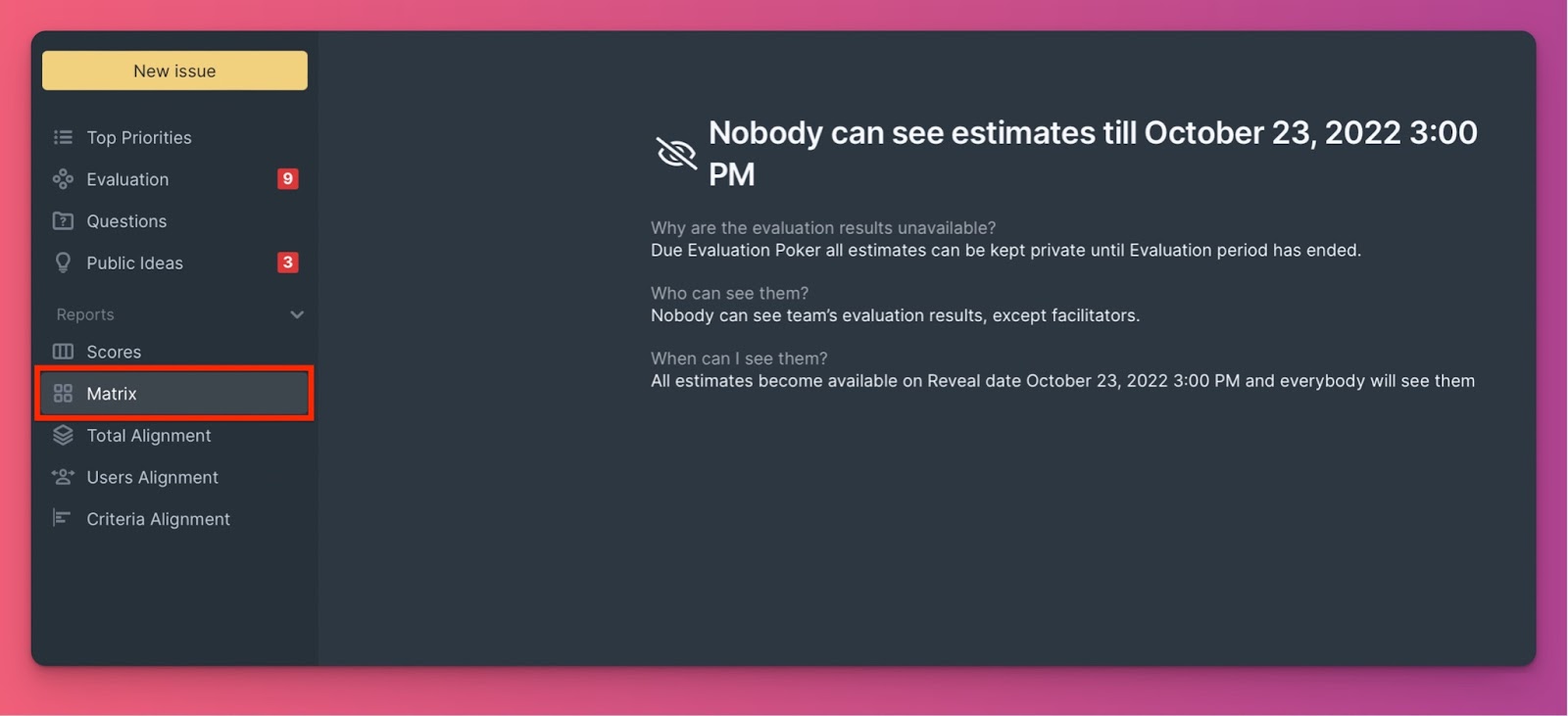 Matrix-Seite mit verborgenen Bewertungen