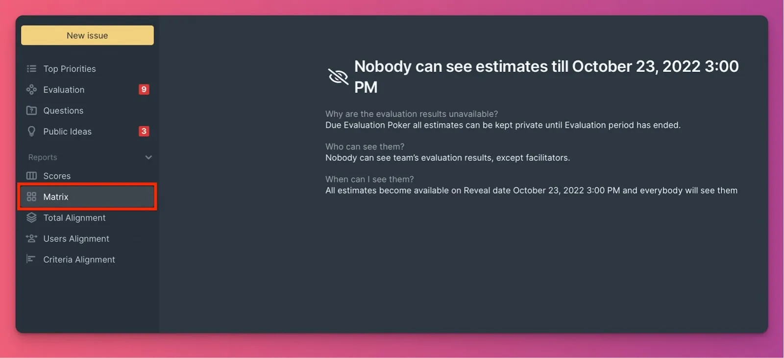 スコアが非表示のマトリクスページ