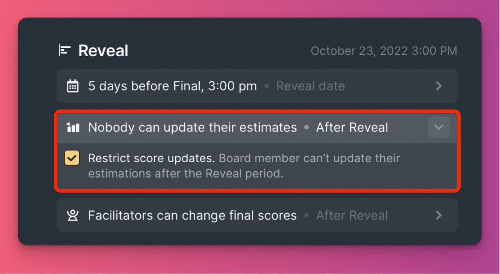 Einstellung zum Blockieren der Bewertungsbearbeitung nach Reveal