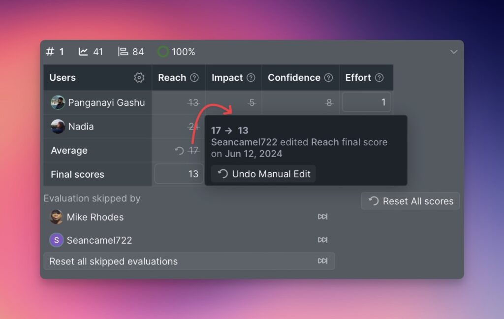 Änderungsverlauf-Tooltip auf durchgestrichenem Ergebnis