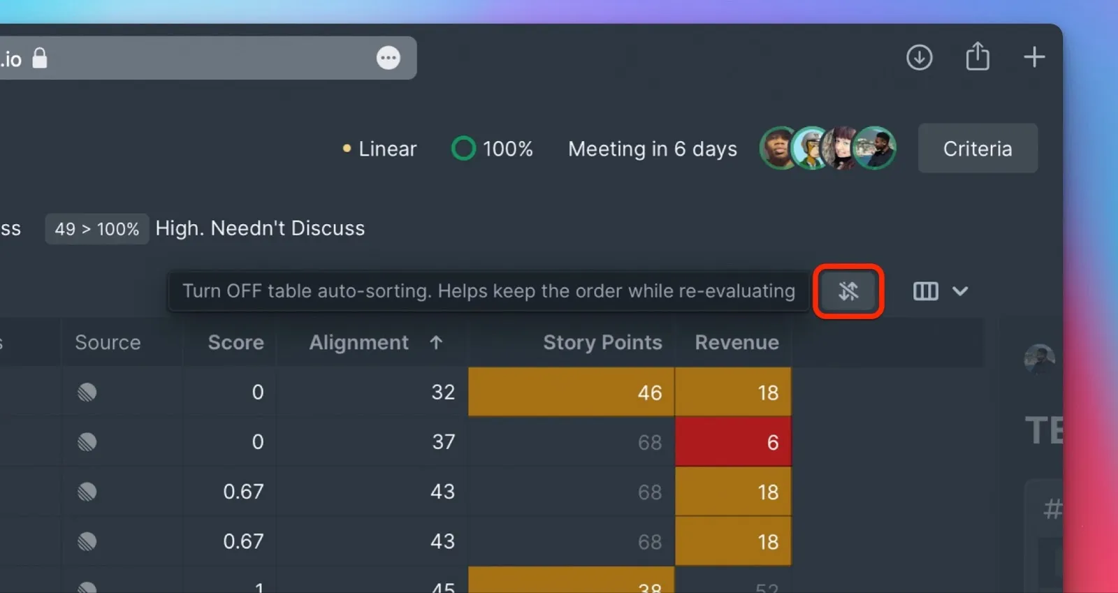 課題リストの自動並べ替えトグル