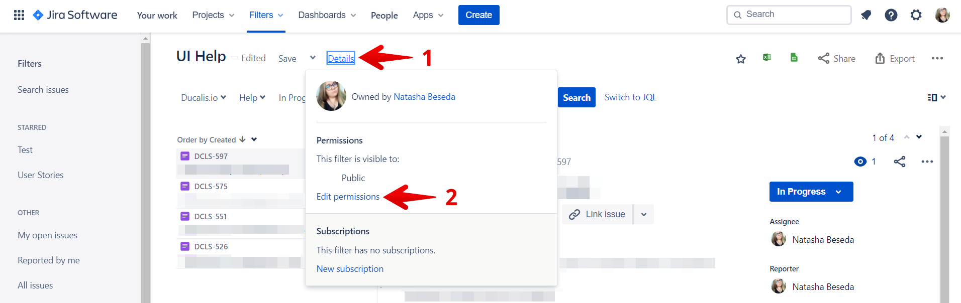Jira Cloud フィルタの詳細ボタン