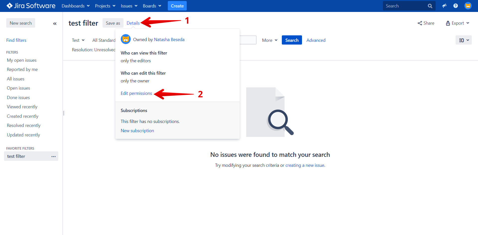 Jira Server Filter-Details-Schaltfläche