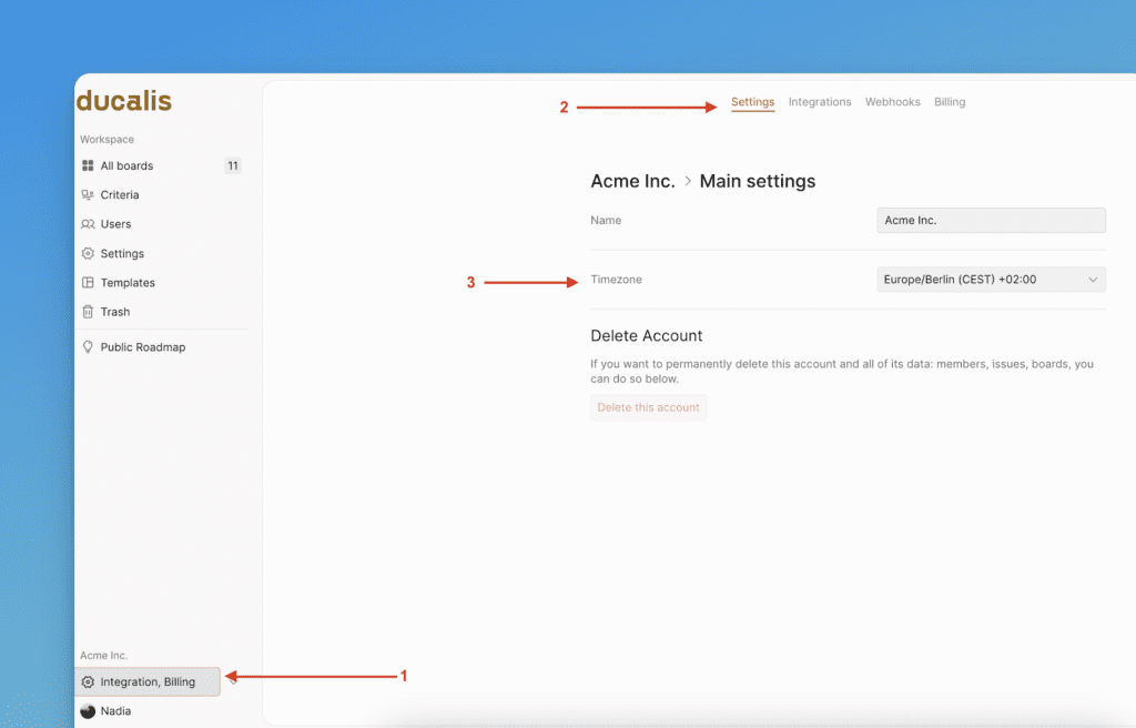 Zeitzoneneinstellungen-Menü der Organisation