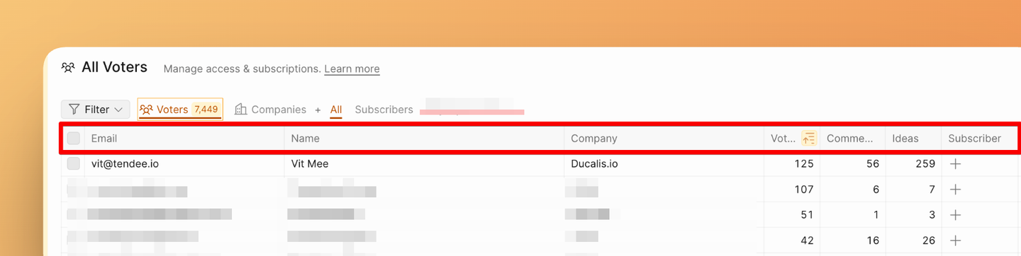 Spalten des Filters Voters zeigen Informationen und Aktivität der Abstimmenden