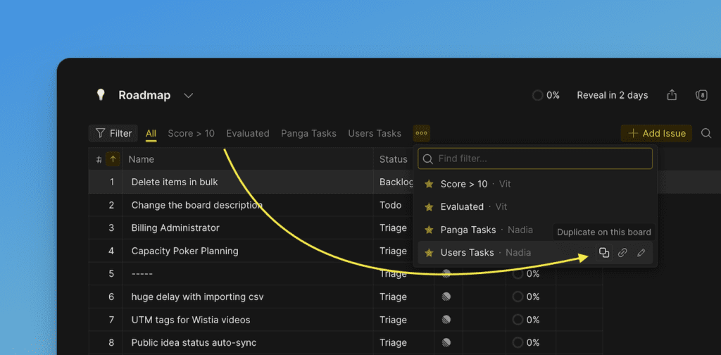 Filter-Dropdown-Menü mit Duplikat-Symbol