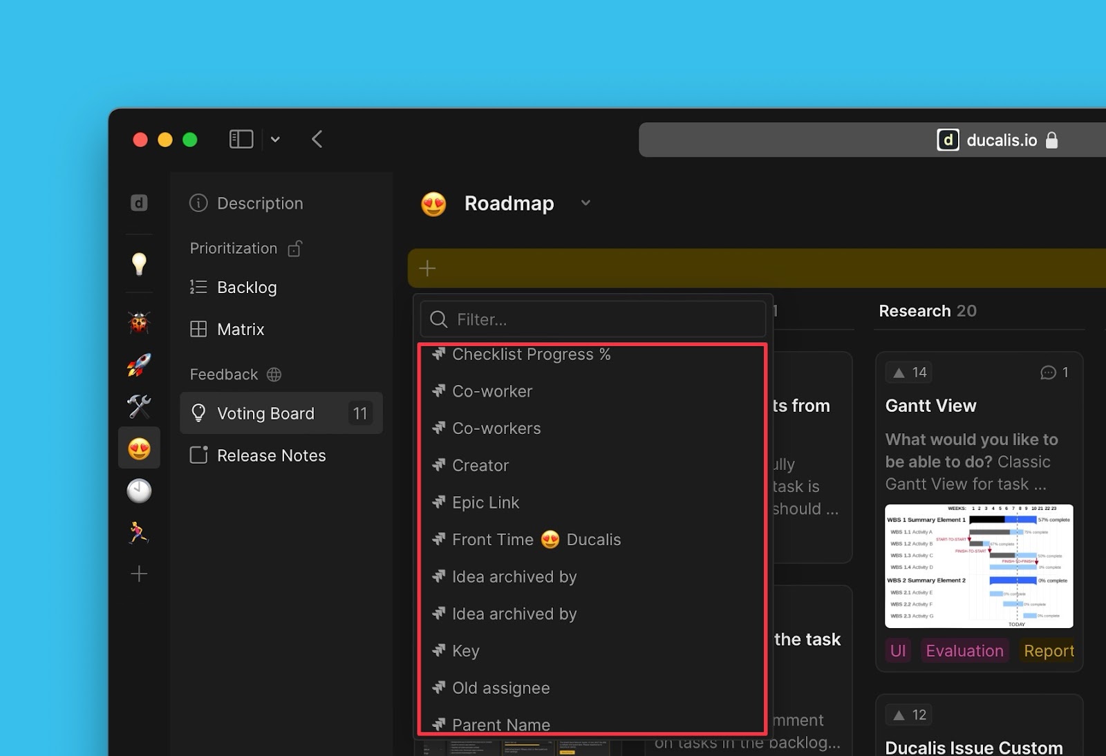 Aufgabentracker-Filteroptionen