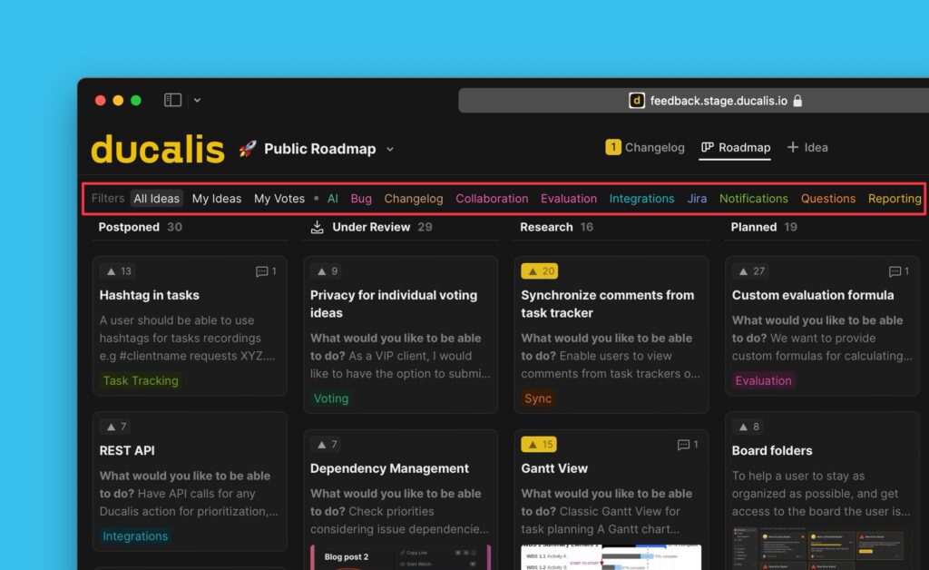 Filteroptionen oben im Voting Board