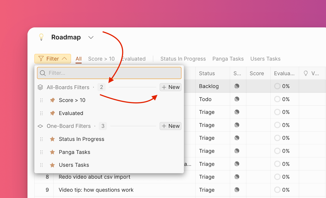 新規ボタン付きの全ボードフィルタオプション