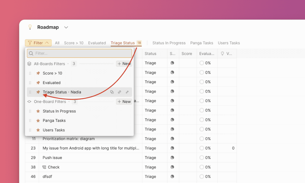 フィルタのピン留めオプション
