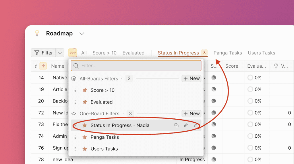 Favoriten-Filterpanel mit Stern-Symbolen