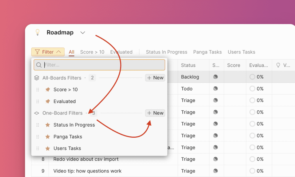 One-Board Filters Option mit Neu-Button