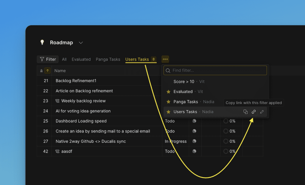 Filter-Dropdown mit Kopieroption für den Link