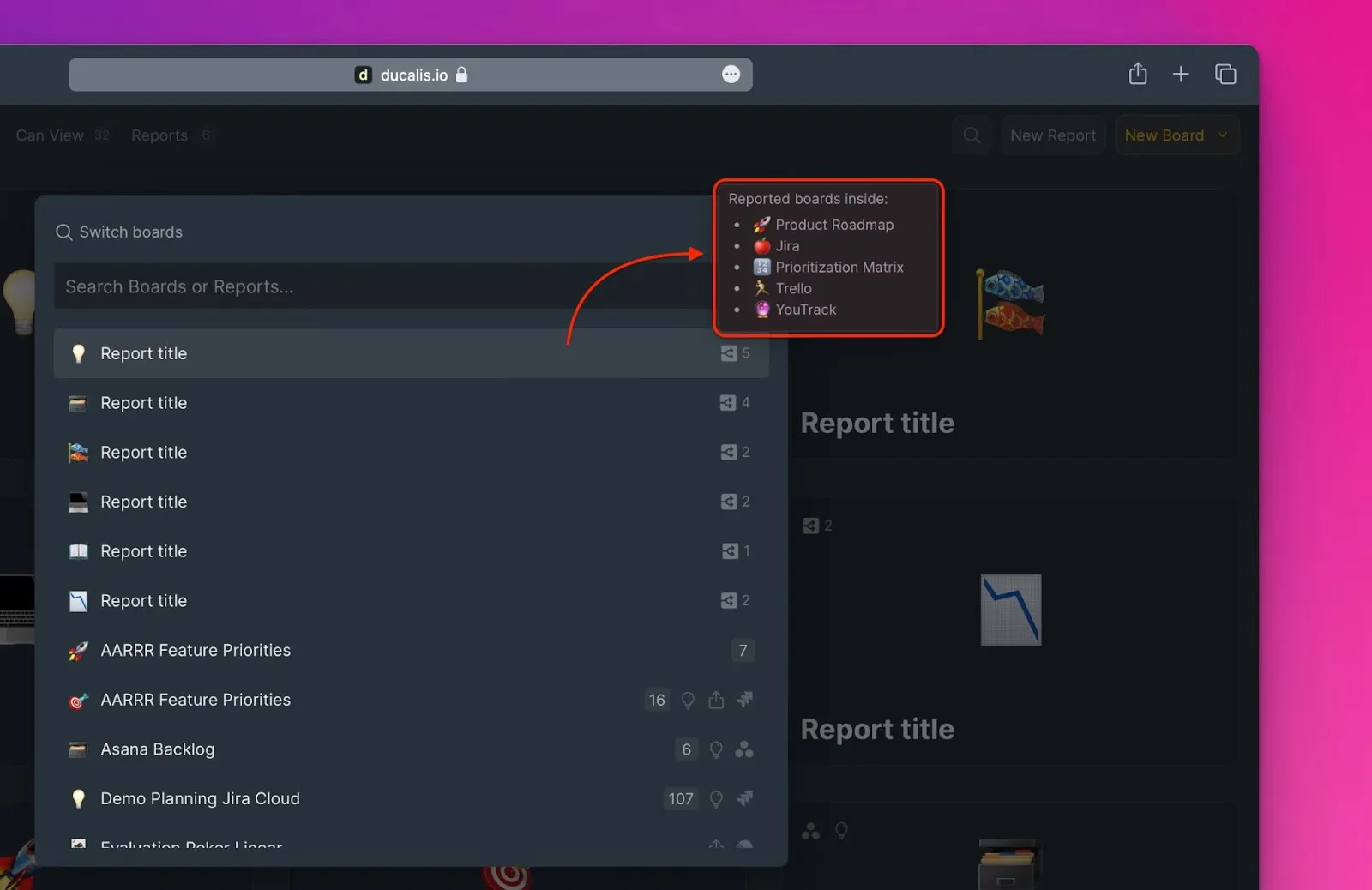 含まれるボード数を表示するレポートボード