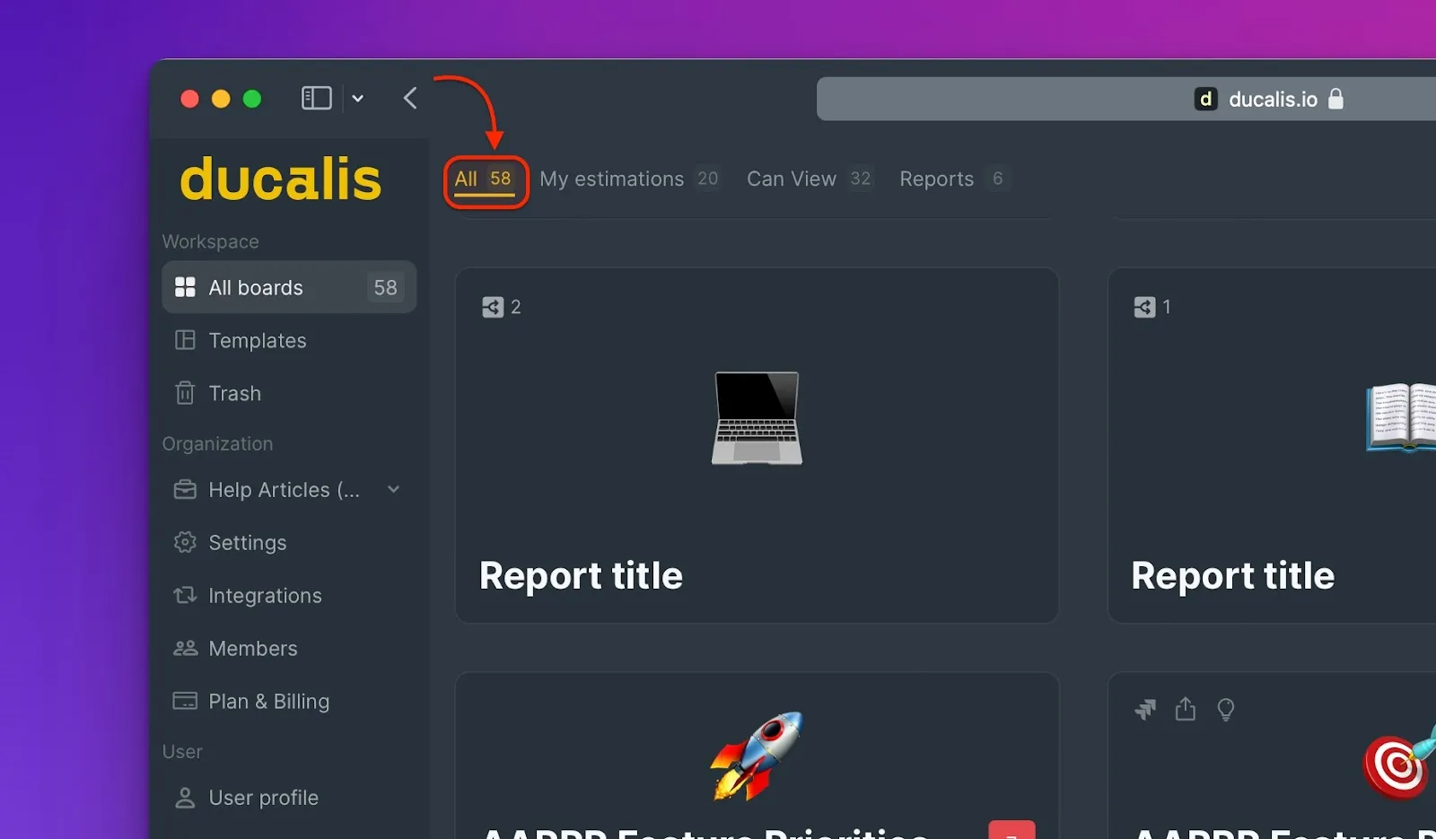 オーガニゼーション内のすべてのボードを表示するAll Boardsフィルタ