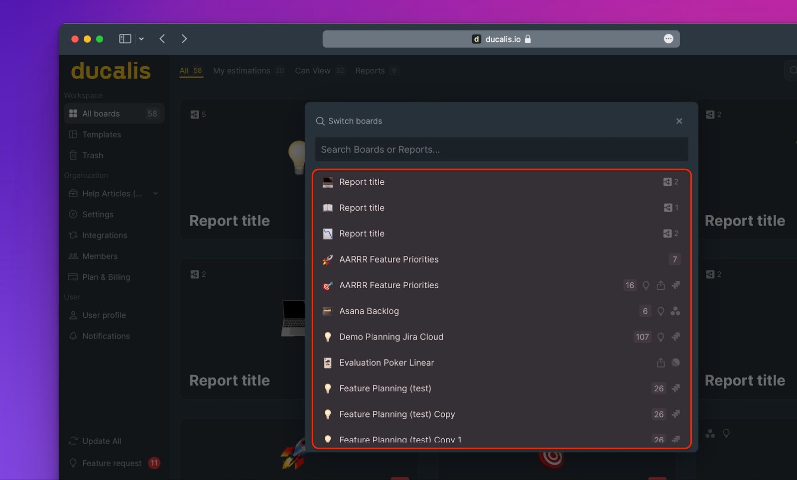 Liste zugänglicher Boards mit Statusindikatoren