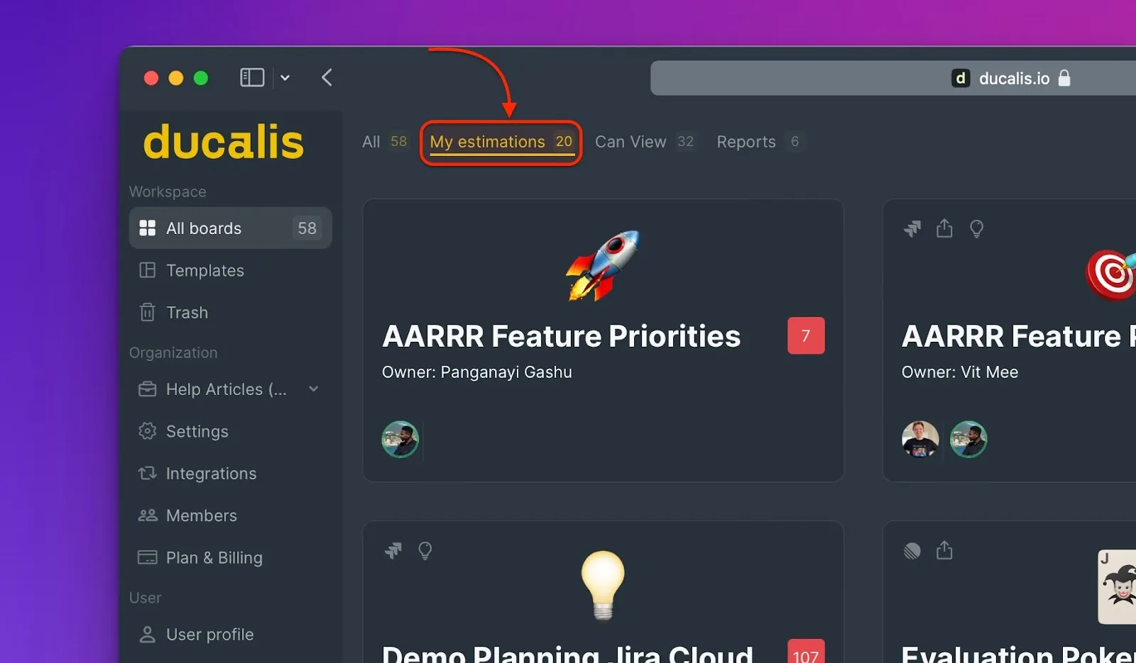 評価待ちのボードを表示するMy estimationsフィルタ