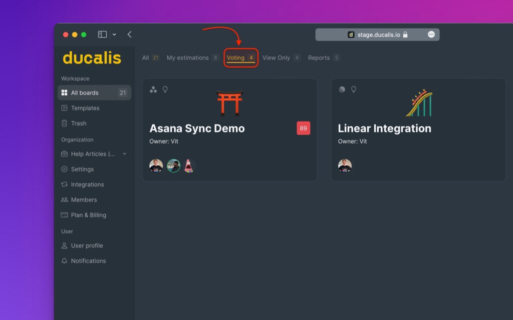 Voting-Filter zeigt Boards mit veröffentlichten Voting Boards