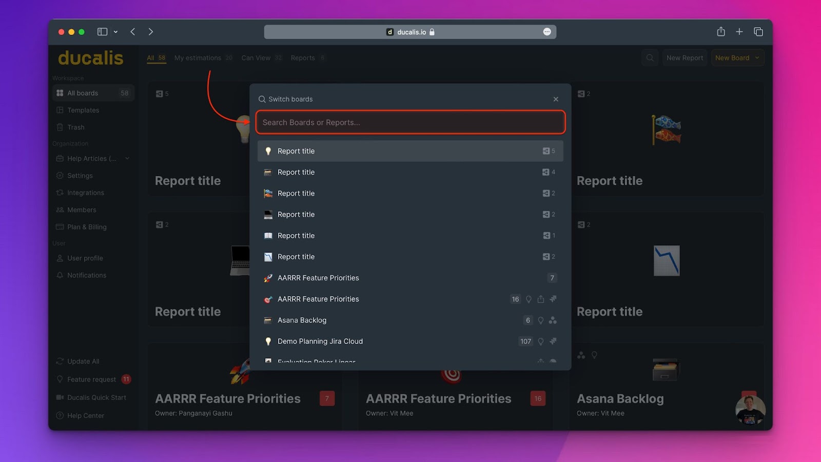 Board-Wechsler-Suchfeld mit Tastenkombination ⌘ K