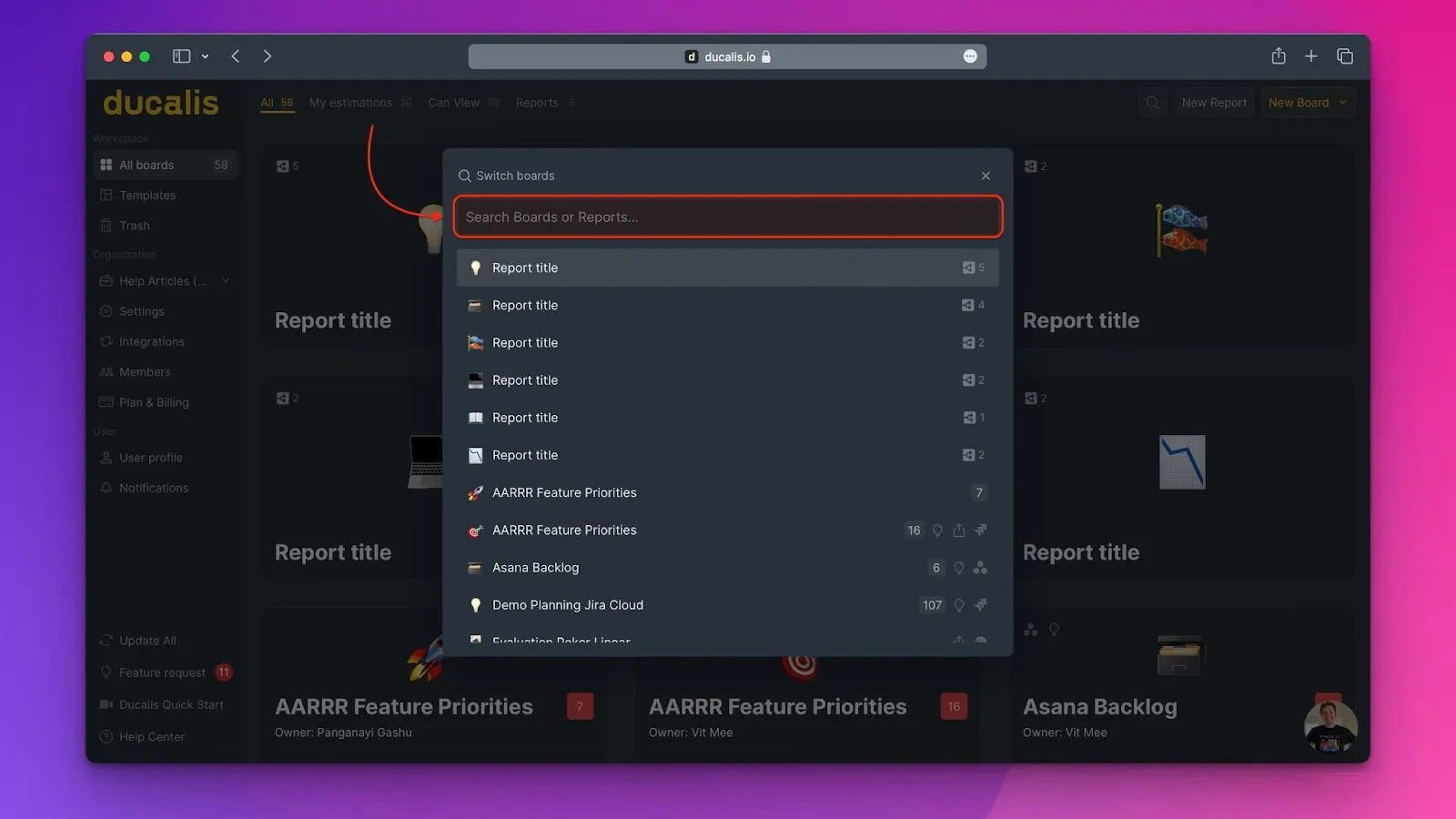 キーボードショートカット ⌘ K を使用したボード切り替え検索フィールド