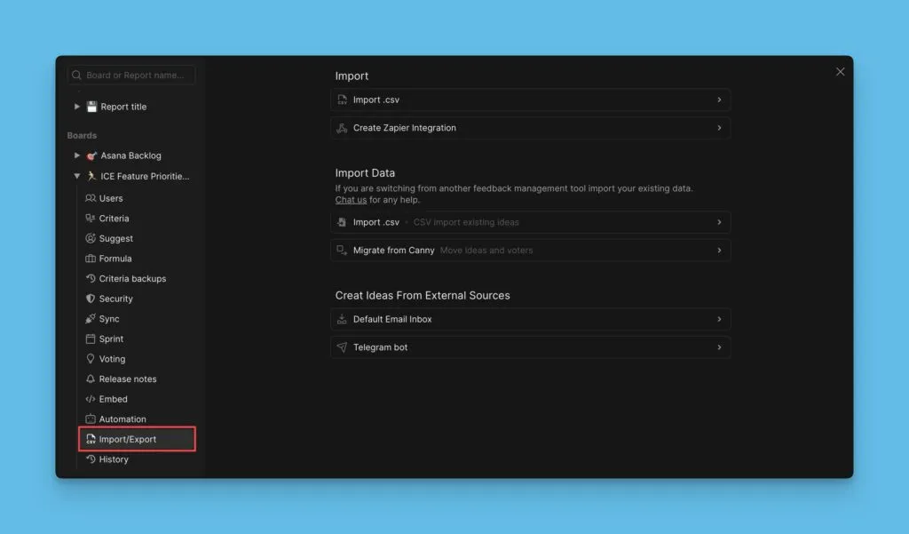 インポート/エクスポートメニュー