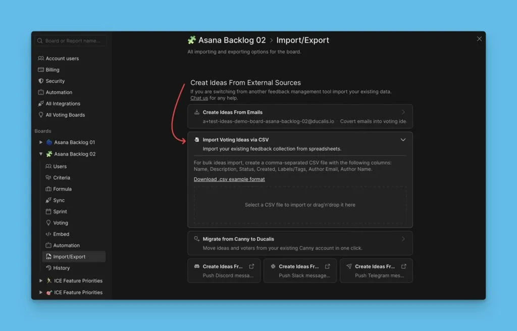 CSV 経由で投票アイデアをインポート