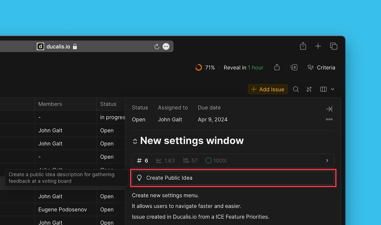 Create Public Idea button