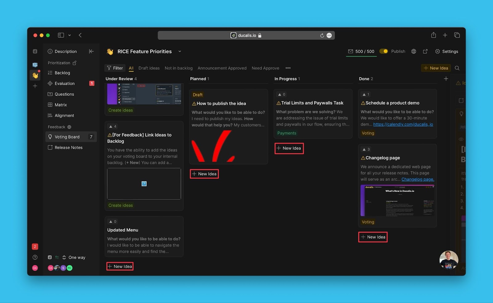 Create Idea button on admin page