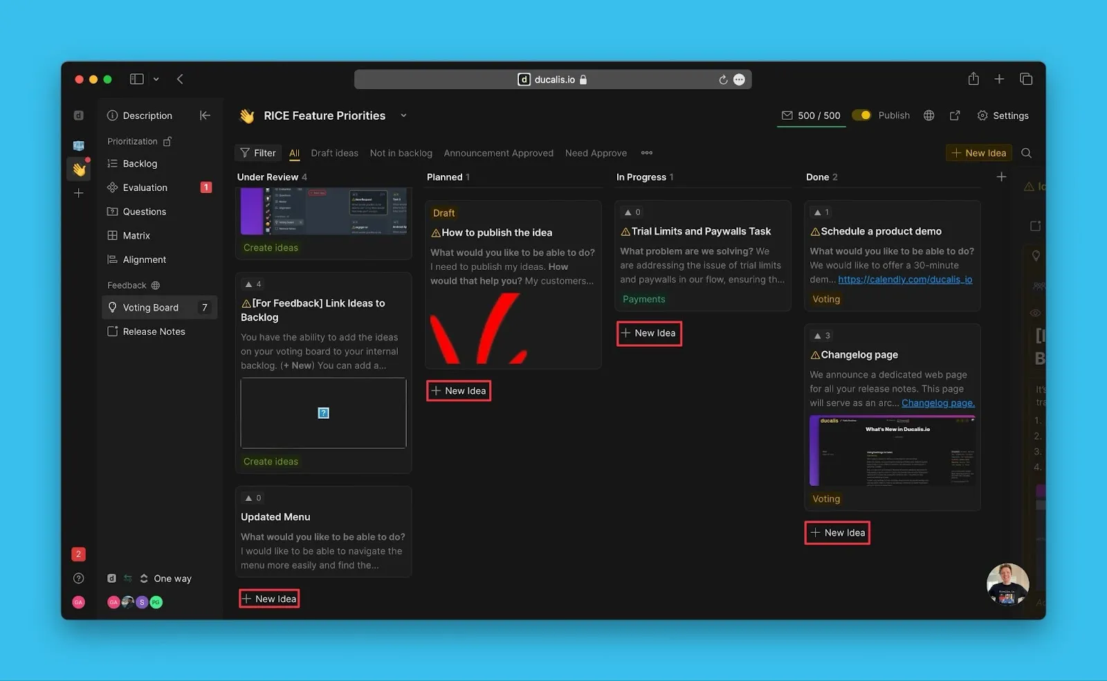 管理ページのアイデアを作成ボタン