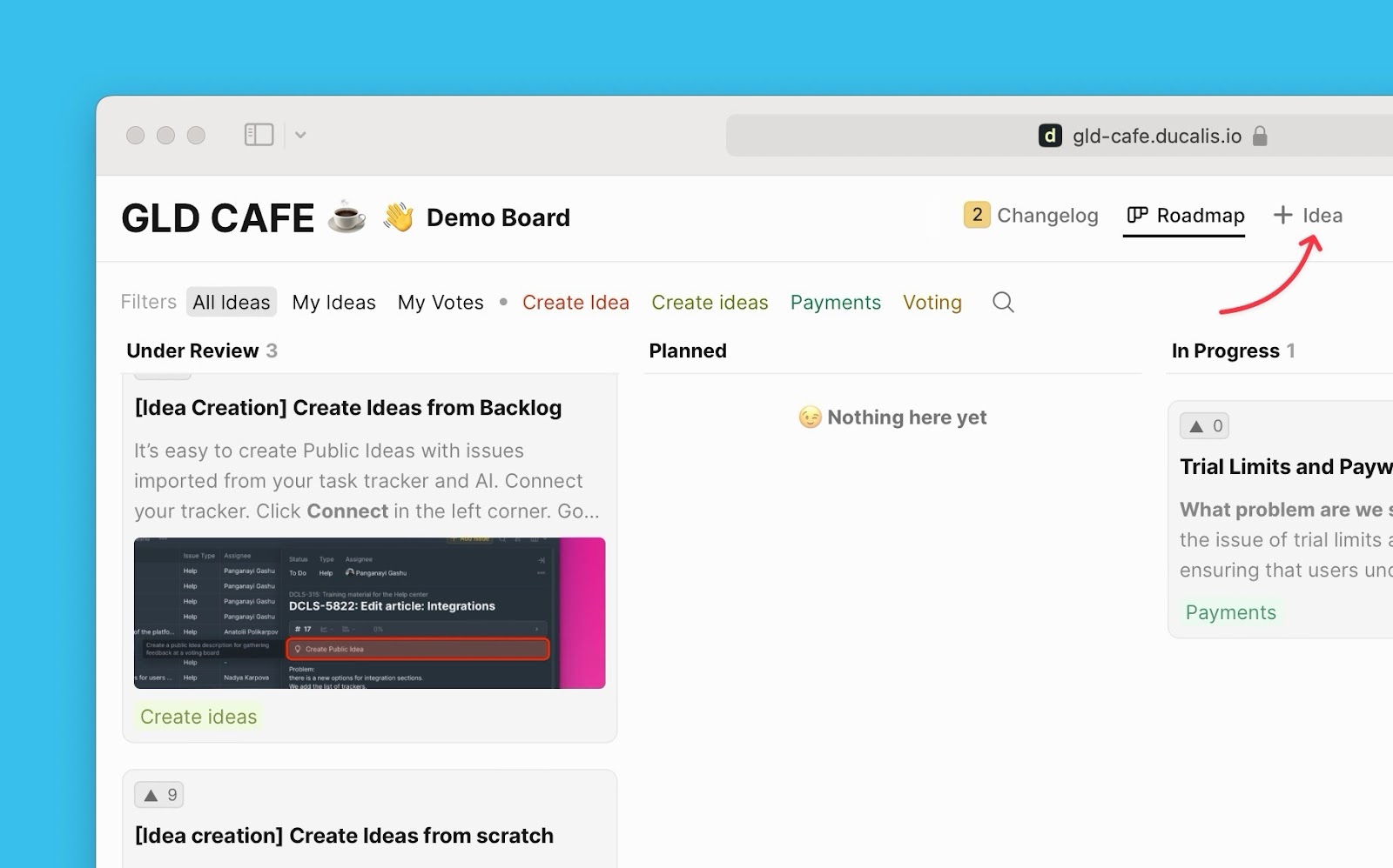 Create Idea button on public Voting Board