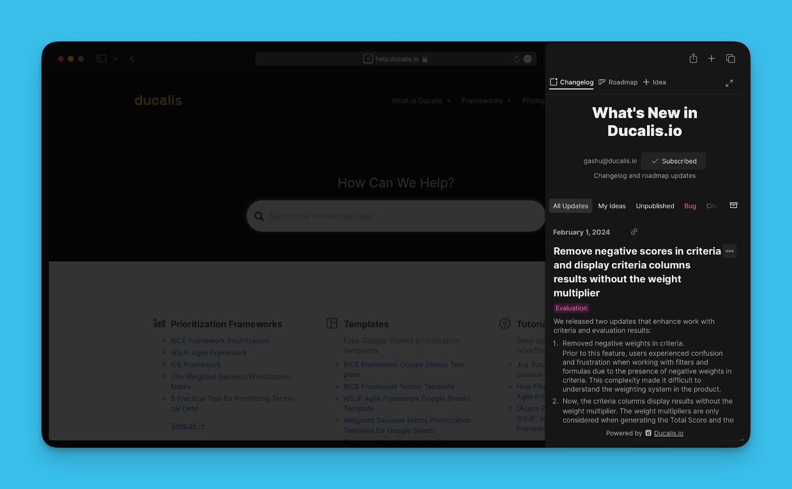 Changelog widget showing release updates and roadmap