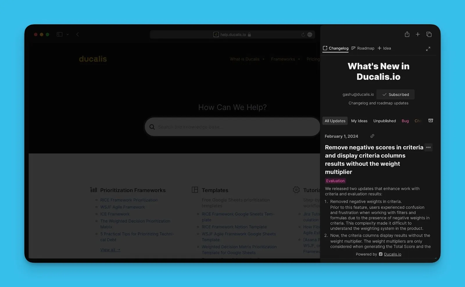 リリース更新とロードマップを表示するチェンジログウィジェット