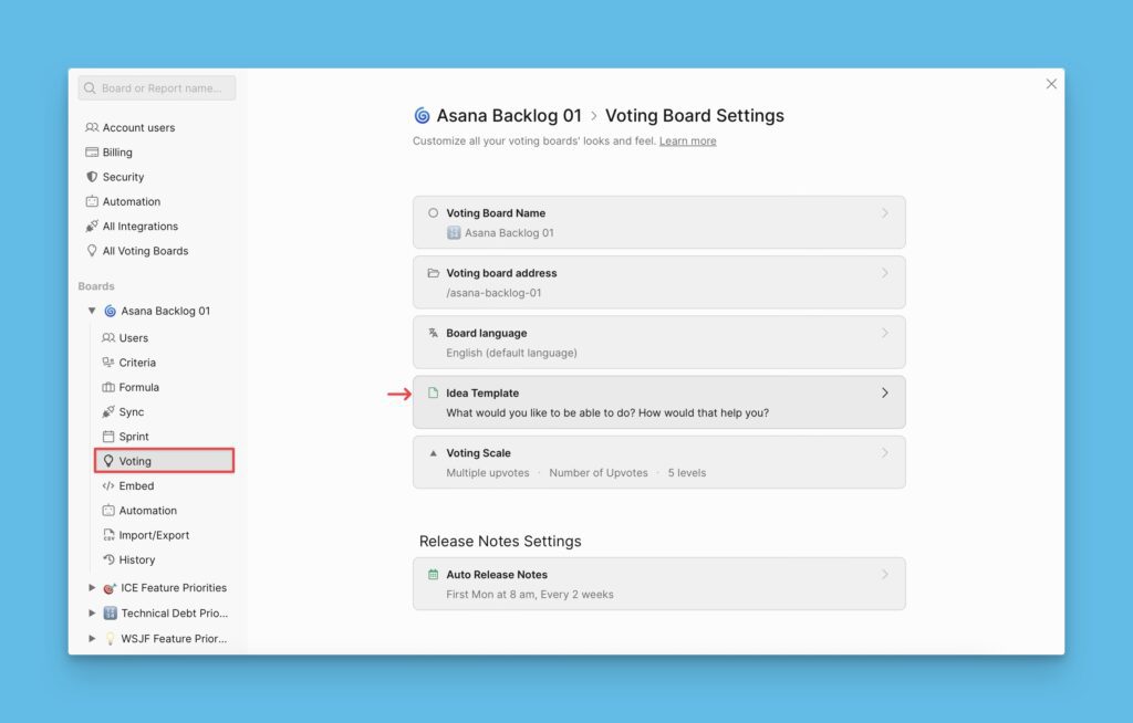 Idea template settings section