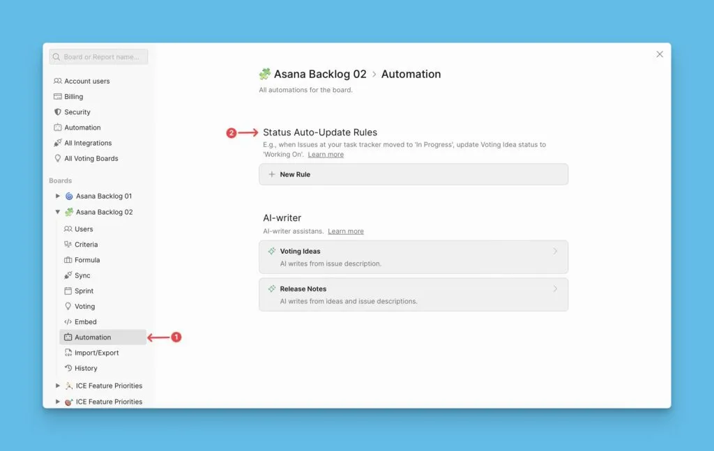 ステータス自動更新ルールのメニュー