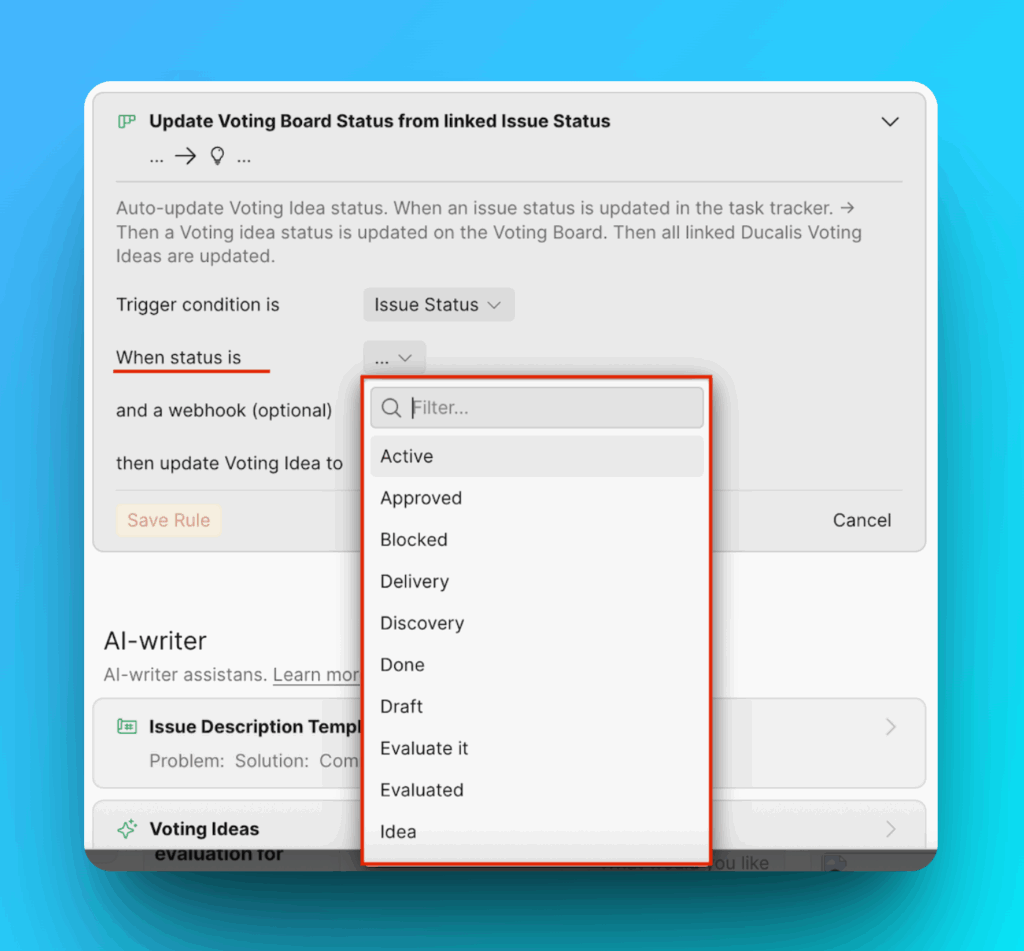 Issue status selection