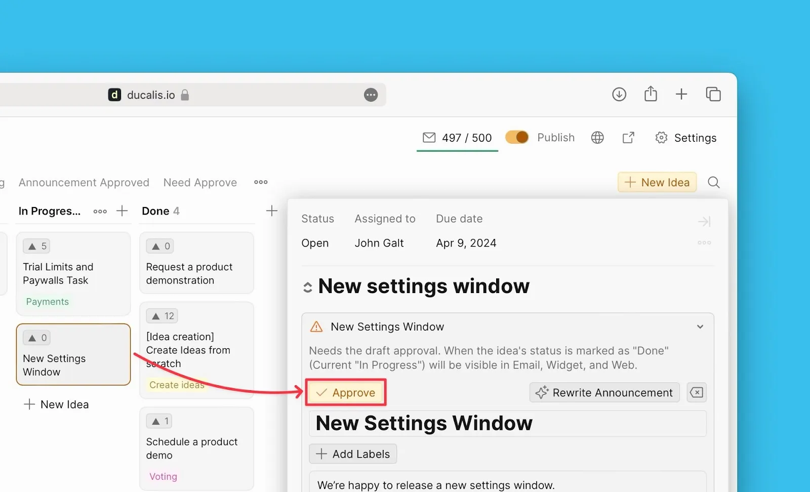 公開準備が完了した承認済みアナウンス