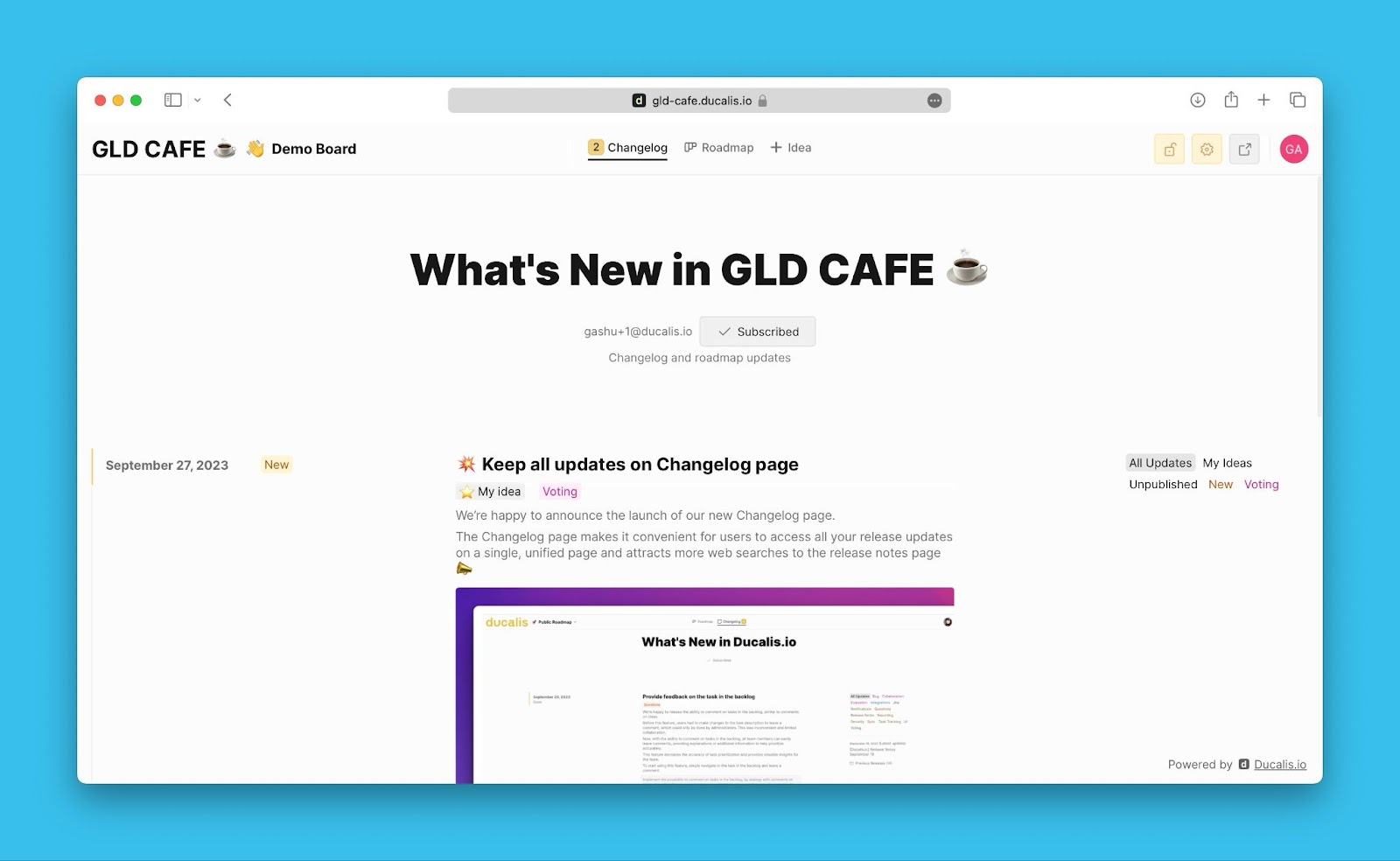 Changelog page showing published announcements