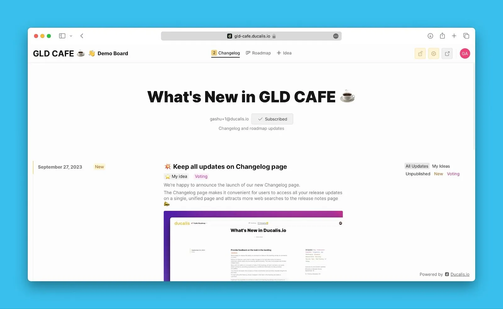 公開されたアナウンスが表示されたチェンジログページ