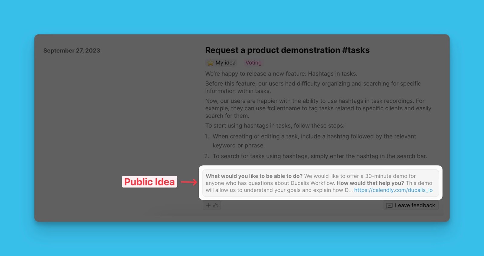 Linked Public Idea block under announcement