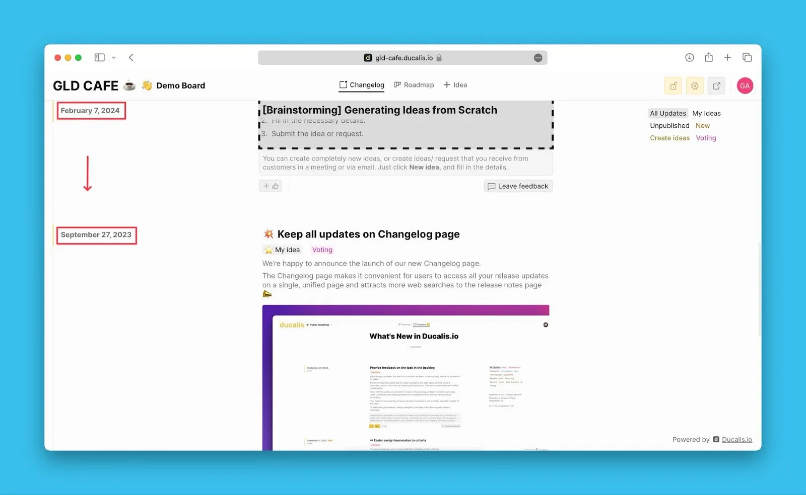 リリース日順に並べられたアナウンス