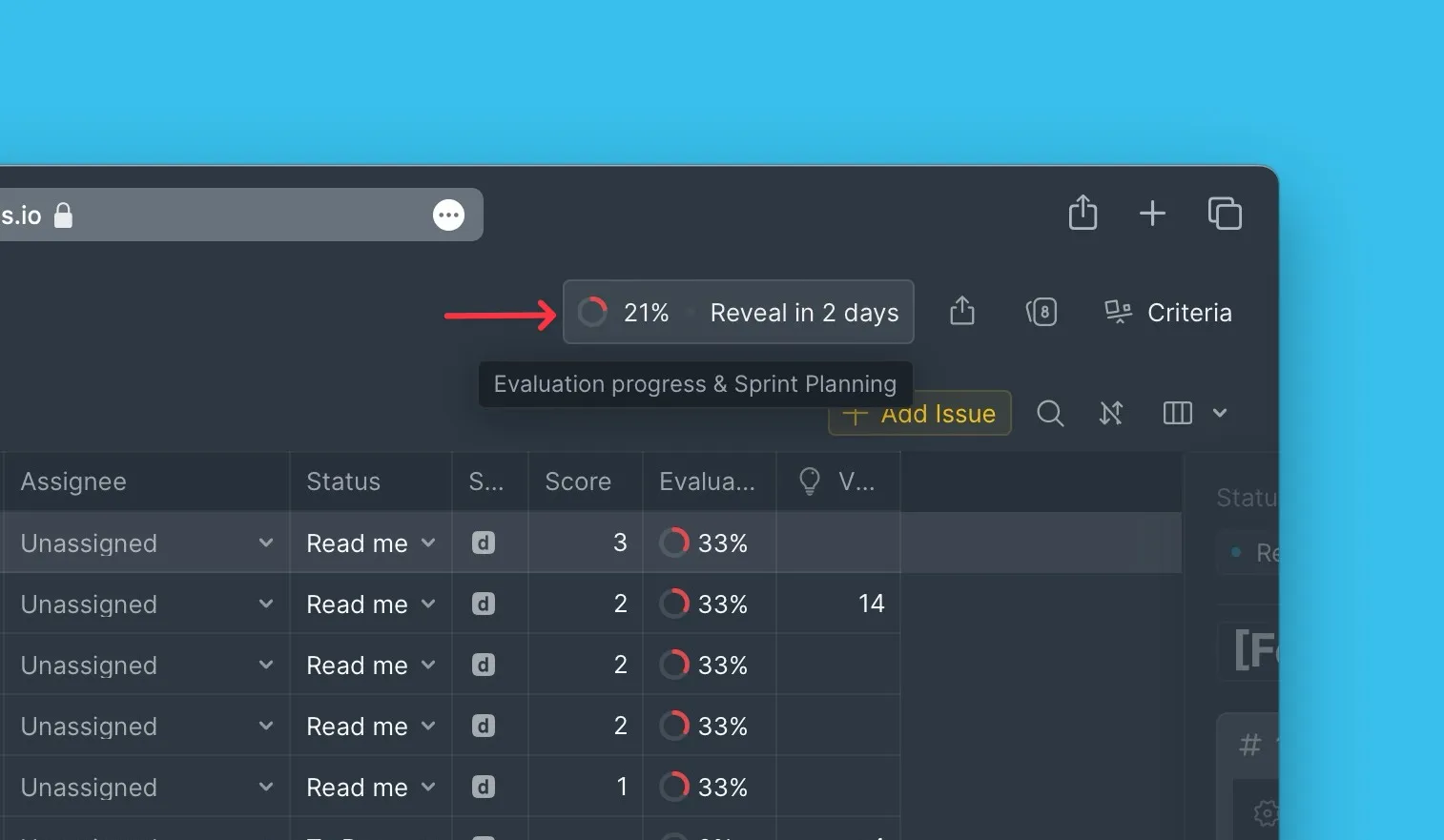 評価の進行状況とスプリント計画メニュー