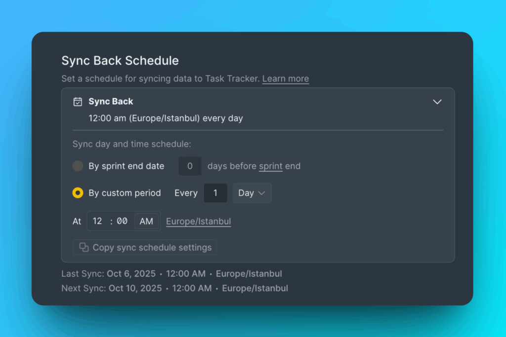Sync Back schedule options
