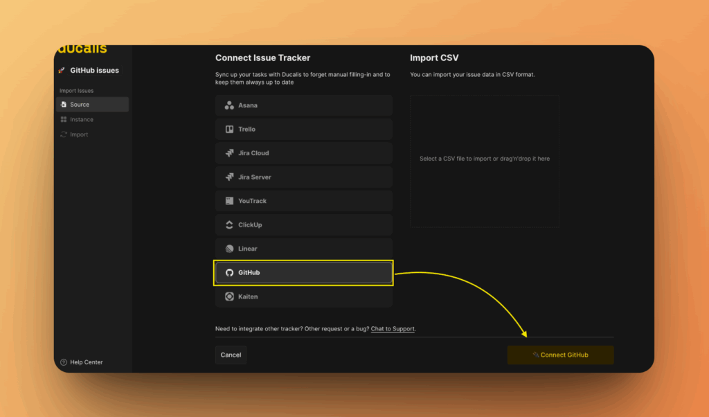 タスクトラッカー一覧の GitHub オプション